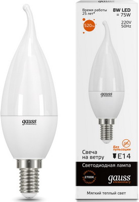 

Лампа GAUSS, LED Elementary Свеча на ветру 8W E14 520lm 3000K 34118 Упаковка 10шт
