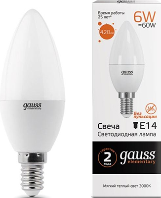 Лампа GAUSS LED Elementary Свеча 6W E14 420lm 3000K 1/10/100 33116 gauss elementary свеча e27 6w 220v 3000k