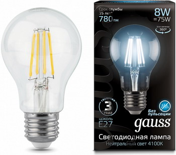 

Лампа GAUSS LED Filament A60 E27 8W 780lm 4100К 102802208 Упаковка 10шт