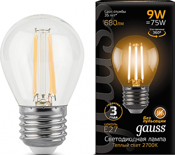 Фото - Лампа GAUSS Упаковка 10шт LED Filament Шар E27 9W 680lm 2700K лампа светодиодная black filament шар e27 5вт 4100к opal gauss 105202205 упаковка 10 шт