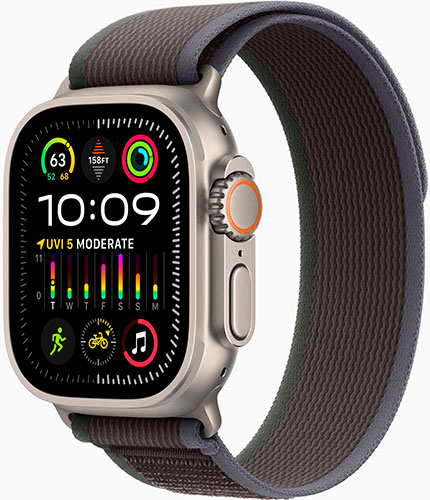 фото Часы apple watch ultra 2, gps + cellular, 49 мм, титановый корпус, ремешок trail, сине-черного цвета, m/l