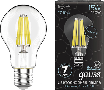 

Лампа GAUSS, LED Filament Graphene A 60 E 27 15 W 1740 lm 4100К 1/10/40 102802215