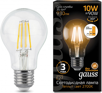 

Лампа GAUSS, LED Filament A60 E27 10W 970lm 4100К step dimmable 1/10/40