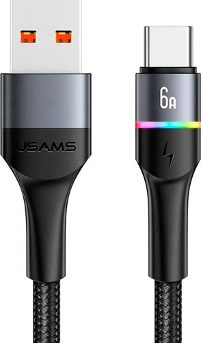 фото Дата-кабель usams us-sj536 u76 usb - type-c 6a fast charging with colorful light 1.2m, черный (sj536usb01)