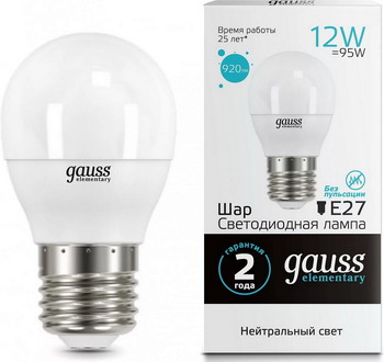 

Лампа GAUSS, LED Elementary Шар 12 W E 27 4100 K 53222