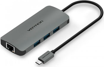 Сетевой адаптер Vention USB Type C M/ Gigabit Ethernet RJ 45 F OTG хаб USB 3.0 на 3 порта CHFHA Сетевой адаптер Vention USB Type C M/ Gigabit Ethernet RJ 45 F OTG хаб USB 3.0 на 3 порта CHFHA