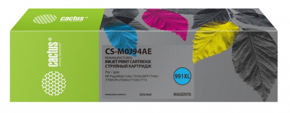 

Картридж струйный Cactus CS-M0J94AE 991XL пурпурный (250мл) для HP PW 755dn/MFP774dn/779dn/Pro750dw/772dn