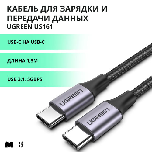 фото Кабель ugreen usb 3.1 type c male to c male cable nickel plating aluminum shell, 1.5 м, серый (50751)