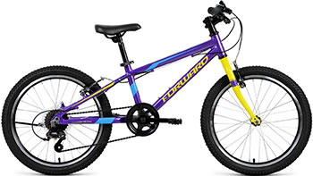 

Велосипед Forward, RISE 20 2.0 фиолетовый/желтый 20'' 7 ск. RBKW01607004
