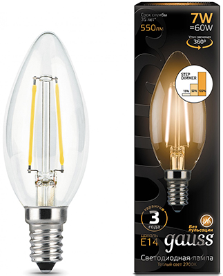 

Лампа GAUSS, LED Filament Свеча E14 7W 550lm 2700К step dimmable 1/10/50 103801107-S