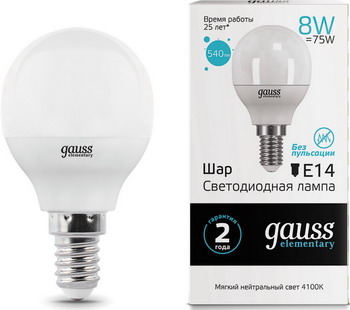 

Лампа GAUSS, LED Elementary Шар 8W E14 540lm 4100K 53128 Упаковка 10шт