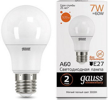 Лампа GAUSS LED Elementary A60 7W E27 520lm 2700K акция 23217A Упаковка 10шт эра f led a60 e27 7w 220v 2700k