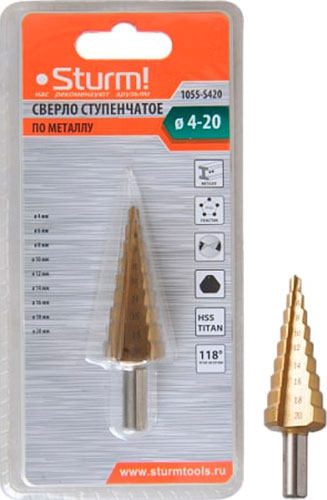 Изображение товара Сверло ступенчатое Sturm! по металлу, 4-20 мм, шаг 2 мм, HSS+TIN, прямое (1055-S420)