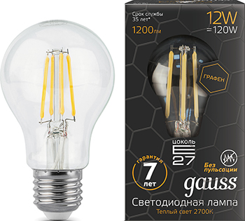 

Лампа GAUSS, LED Filament Graphene A 60 E 27 12 W 1200 lm 2700К 1/10/40 102802112
