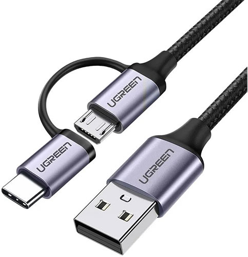 фото Кабель ugreen us177 (30875) usb-a to micro usb + usb type-c cable, 1 м, черный