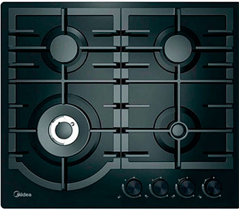 Изображение товара Газовая варочная панель Midea MG649TGB — 4 конфорки, чугунные решетки, закаленное стекло