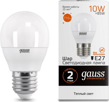 

Лампа GAUSS LED Elementary Шар 10W E27 710lm 3000K 53210 Упаковка 10шт