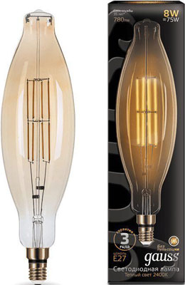 

Лампа GAUSS LED Vintage Filament BT120 8W E27 120*420mm Amber 780lm 2400K