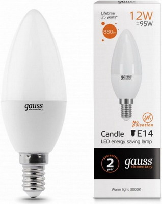 

Лампа GAUSS, LED Elementary Свеча 12 W E 14 3000 K 33112