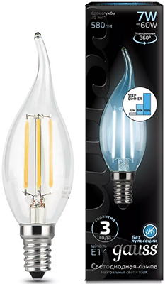 

Лампа GAUSS, LED Filament Свеча на ветру E14 7W 580lm 4100K step dimmable 1/10/50 104801207-S