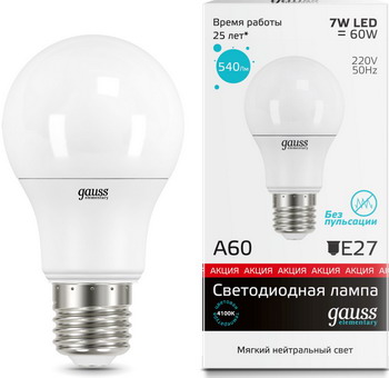 Лампа GAUSS LED Elementary A60 7W E27 540lm 4100K акция 23227A Упаковка 10шт