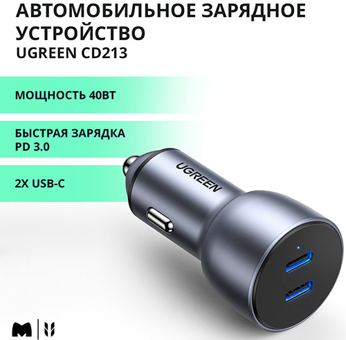 фото Автомобильное зарядное устройство ugreen cd213 2xusb-c 40w fast car charger, цвет серый космос (70594)