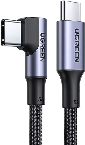 фото Кабель ugreen us334 (70643) usb-c 2.0 male to angled 90° usb-c 2.0 male 5a data cable, 1 м, черный