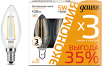 

Лампа GAUSS Filament Свеча E 14 5W 2700К (3шт) 103801105 T