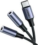 Разветвитель-адаптер Ugreen AV144, USB Type C Male to 3.5 mm 2 Female Audio Cable, длина 25 см, серый (30732)