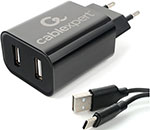 Сетевое з/у + DАТА кабель Cablexpert MP3A-PC-37 USB 2 порта, 2.4A, черный + кабель 1м Type-C