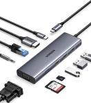 Конвертер Ugreen CM498 (15601) USB-C To 3*USB 3.0 A+HDMI+VGA+RJ45 Gigabit+SD/TF+AUX3.5mm +PD, серый
