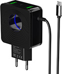 Сетевое ЗУ MoreChoice 2USB 2.4A для Type-C со встроенным кабелем и LED подсветкой NC48a (Black)
