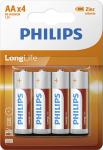 Батарейки цинково-хлоридные Philips Longlife, 4AA, в блистере (R6L4B/97)
