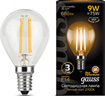 фото Лампа gauss упаковка 10шт led filament шар e14 9w 680lm 2700k