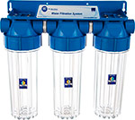 Сборка из трех прозрачных корпусов для холодной воды Aquafilter 10SL, 3/4'', FHPRCL34-B-TRIPLE, 467 магистральный фильтр для холодной воды aquafilter 10sl 1 fhpr1 hp1 547