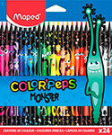 Карандаши цветные MAPED COLOR PEPS Black Monster, набор 24 цвета, пластиковый корпус, (862624) набор для творчества maped colouring set 10 фломастеров 10 капиллярных ручек 12 двусторонних ных карандашей точилка 897417