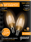 

Лампа GAUSS Filament Свеча E 14 5W 2700К (2шт) 103801105 P