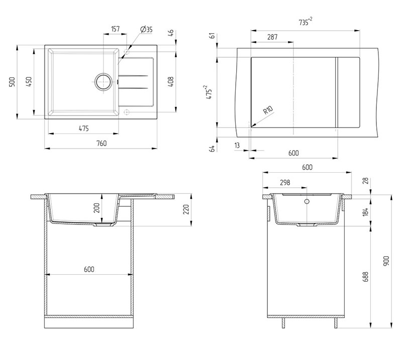 Мойка Ulgran Quartz prima 605-09 асфальт.